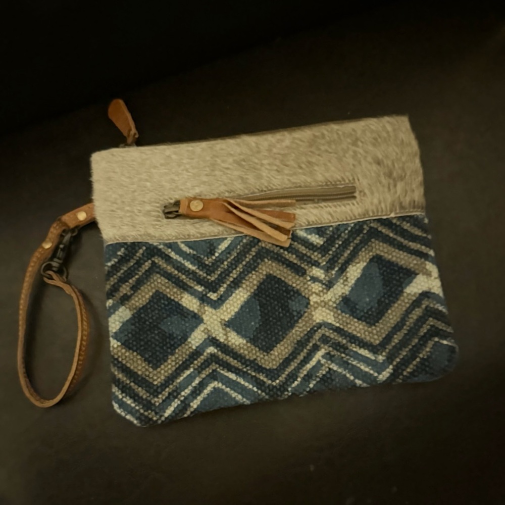 Myra Bag Cream Canvas Cowhide wristlet with Tan Leather Strap